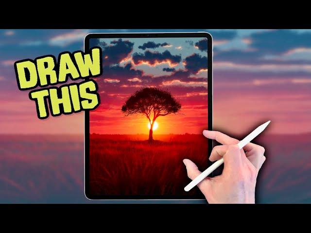 PROCREATE Landscape DRAWING Tutorial in EASY Steps - African Tree Sunset