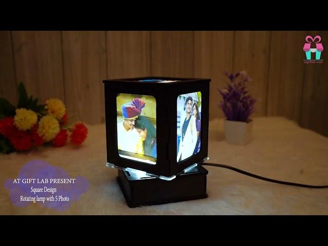 At Gift Lab Present Personalized Wooden Simple Square Frame Design Rotating LED lamp with 5 Photo