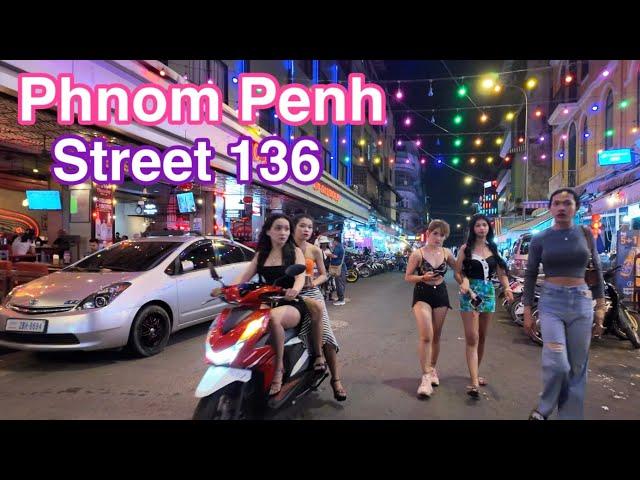 Cambodia Nightlife Phnom Penh Street 136 | Night Tour 4K Walk