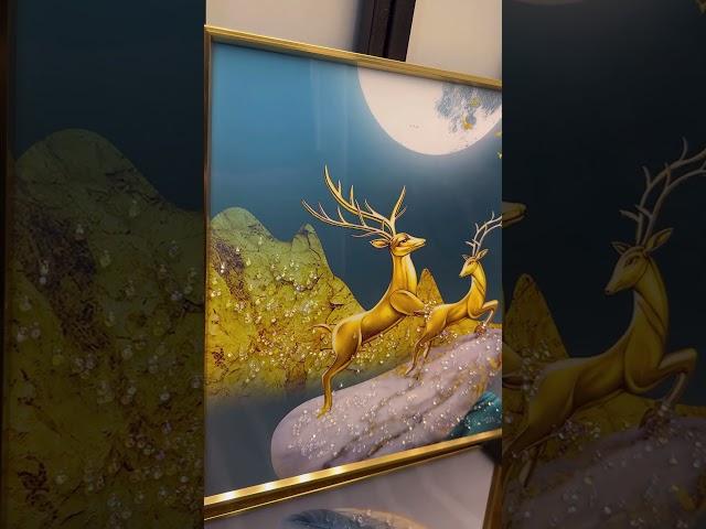 Golden Deer Duo Framed Crystal Glass Painting with Clock - YF Decor