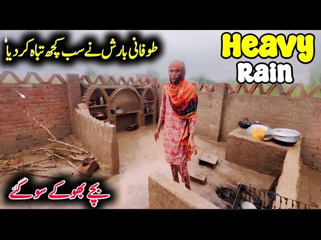 heavy rain on mud house|pure mud house life|village rain day