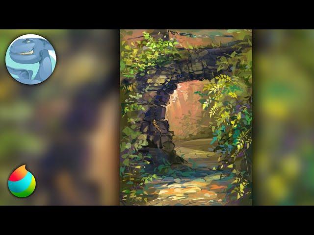 Landscape with ruins and a path and a lizard - Digital painting in Medibang Paint - Find the lizard