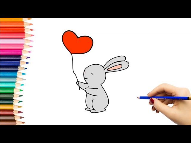 Kaip nupiešti ZUIKĮ SU ŠIRDELĖS FORMOS BALIONU | How to draw a bunny with a heart shaped balloon