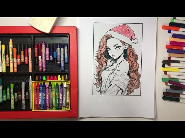 Color the girl with thick hair and wearing a Christmas hat