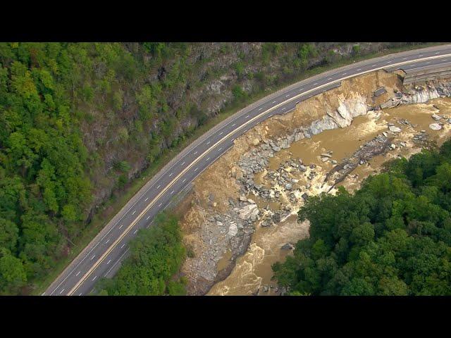 Watch: Sky 4 flies over I-40 washed away during Helene