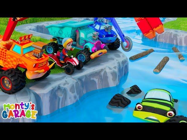 Monster Trucks Save The Car | Car Rescue Song | Nursery Rhymes - Monty’s Garage