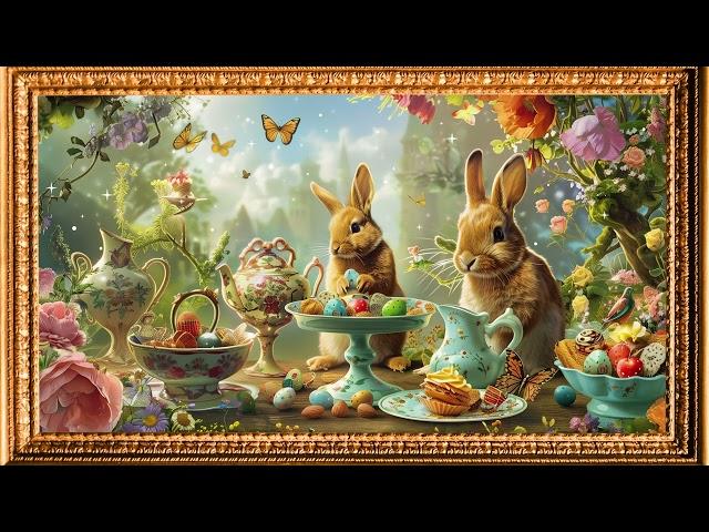 4K Free Framed TV Art Screensaver | Fantasy Bunny Land | Easter Eggs & Tea | 3 Hours