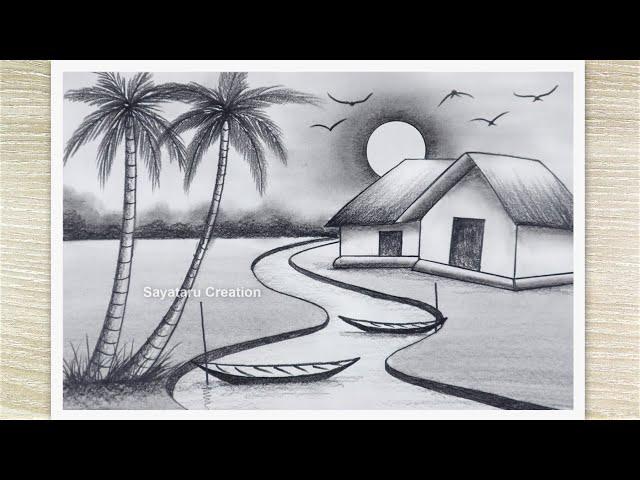 How to Draw Sunset Landscape Scenery with Pencil, Pencil Sketch for Beginners