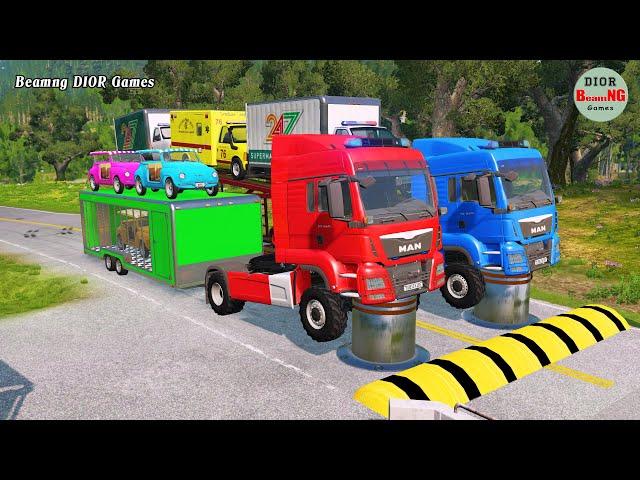 Double Flatbed Trailer Truck vs speed bumps|Busses vs speed bumps|Beamng Drive|866