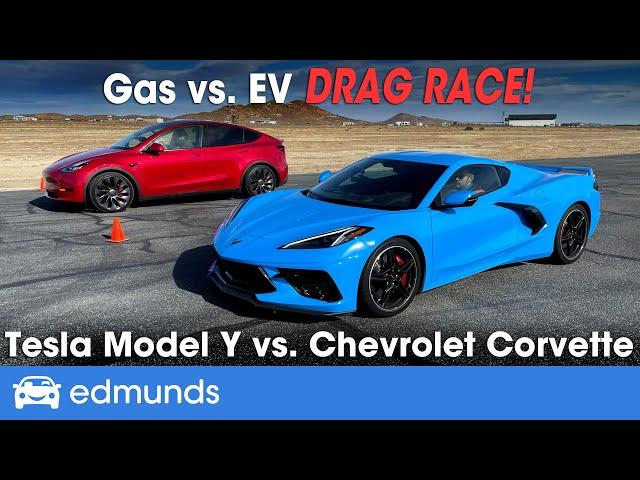 Drag Race! Tesla Model Y vs. Chevy Corvette | Gas vs. EV Drag Race | 0-60 Performance & More