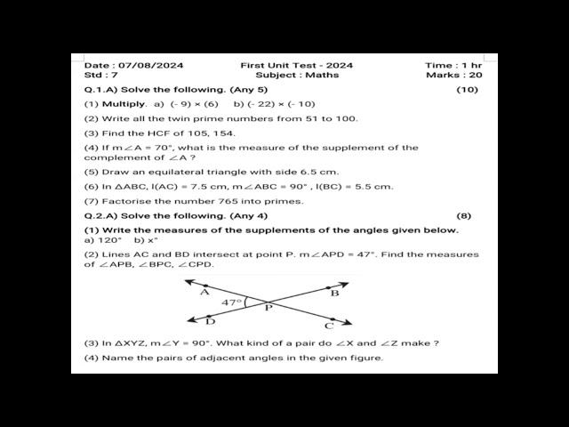 Class 7 Maths Question paper | First Unit Test - 2024 | #modelquestionpaper