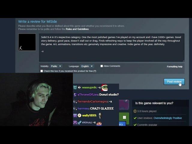 xQc Leaves a Rare Positive Review for Steam Game "MiSide"