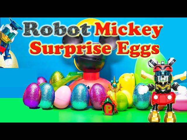 Exploring the Mickey Mouse Surprise Eggs with Robots and Friends