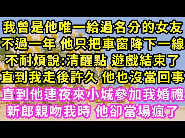 我曾是他唯一給過名分的女友，不過一年 他只把車窗降下一線，不耐煩說:清醒點 遊戲結束了，直到我走後許久 他也沒當回事，直到他連夜來小城參加我婚禮，新郎親吻我時 他卻當場瘋了#甜寵#灰姑娘#霸道總裁