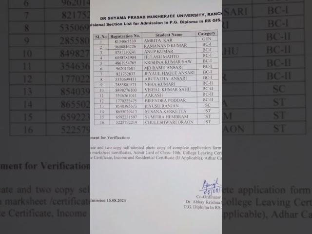 Dr shyama Prasad Mukherjee University Ranchi || 1st provisional selection list of GIS 2023