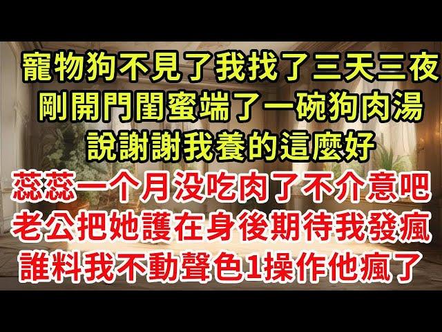 寵物狗不見了我找了三天三夜，剛開門閨蜜端了一碗狗肉湯，說謝謝我養的這麼好，蕊蕊一个月没吃肉了不介意吧，老公把她護在身後期待我發瘋，誰料下一秒我一句話他卻瘋了#小説#爽文#復仇