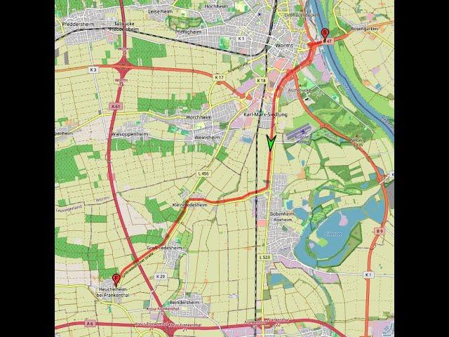 Autofahrt in Rheinhessen:  Worms ---:--- Heuchelheim