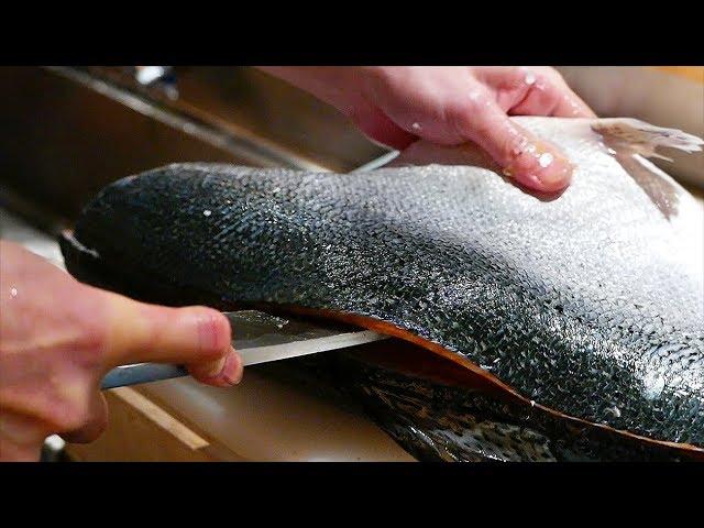 Japanese Food - FISH CUTTING SKILLS Salmon, Mackerel, Squid Sushi Kyoto Seafood Japan