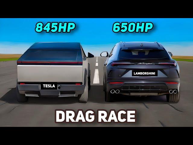 DRAG RACE: Lamborghini urus vs Tesla cyber truck. Which is faster . credit: @carwow