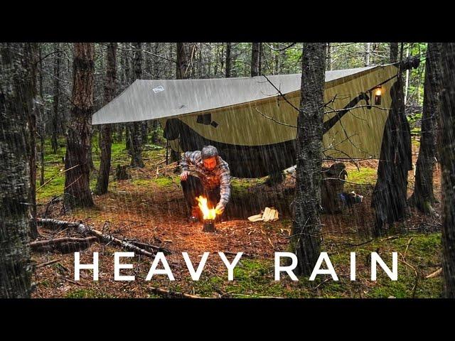 Solo Camping in Heavy Rain under a Tarp Shelter