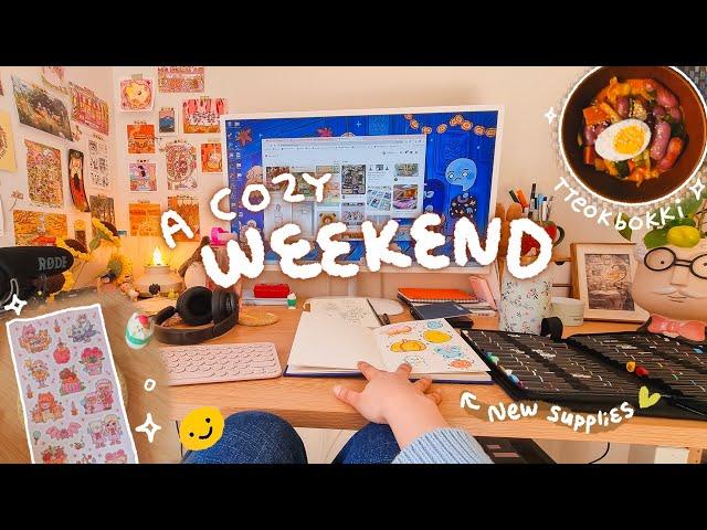 unboxing sticker sheets, trying acrylic markers, tteokbokki recipe  cozy weekend art vlog