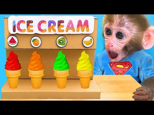 Monkey Baby Bon Bon doing shopping in Toy store and eats ice cream rainbow with puppy the pool