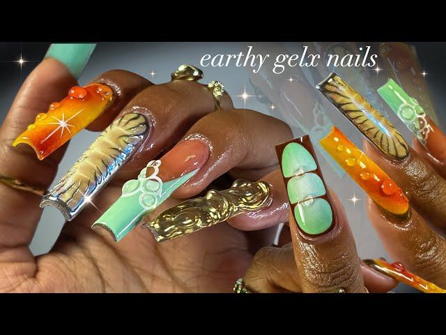 Earthy GelX Nails!‍🟫| simple gelX application + unique nail art!