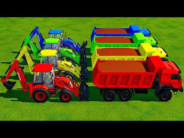 TRUCKs with Colors - RED ASPHALT WORK with CAT BACKHOE LOADERS - Farming Simulator 22