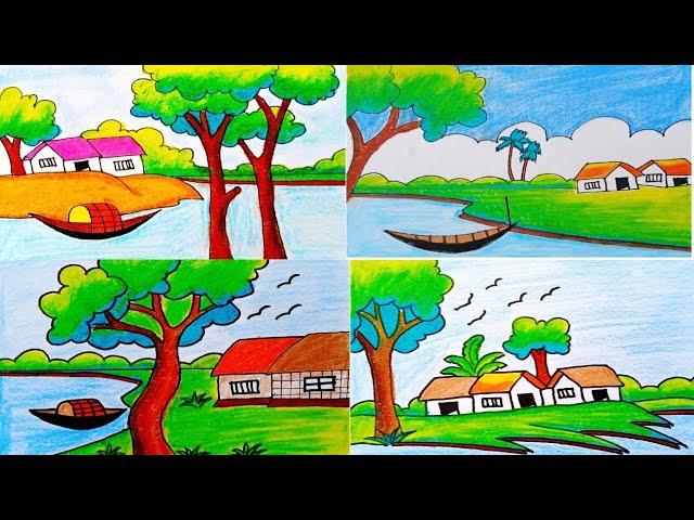 Easy landscape drawing for kids and beginners|Learn house and nature simple painting|Nature scenery