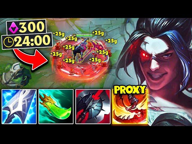 Kayn but I spend the whole game proxying in their base... (300 CS AT 24 MINUTES)