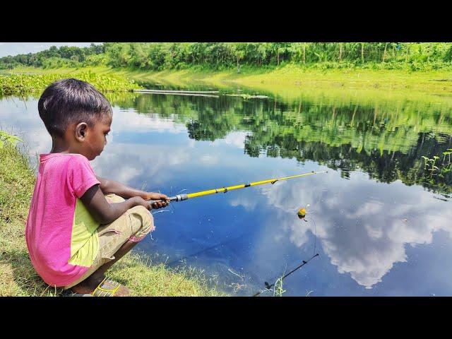 Beautiful Fishing Video2023| ~ Smart Little Boy Catching Fish By Fish Hook In Village River Side