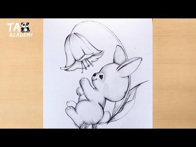 A Cute bunny with big flower pencildrawing || taposhiarts || rabbit drawing @TaposhiartsAcademy