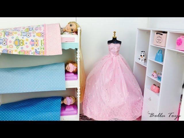 BARBIE PRINCESS DOLL HOUSEBEDROOM BUNK BEDELSA ANNA FROZEN RAPUNZELMORNING ROUTINE DRESSES