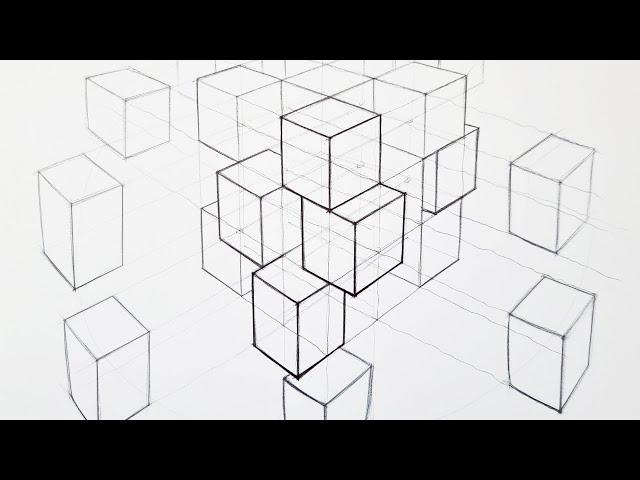 Basic Two Point Perspective Drawing Exercise - How To Draw And Move Cubes in Perspective