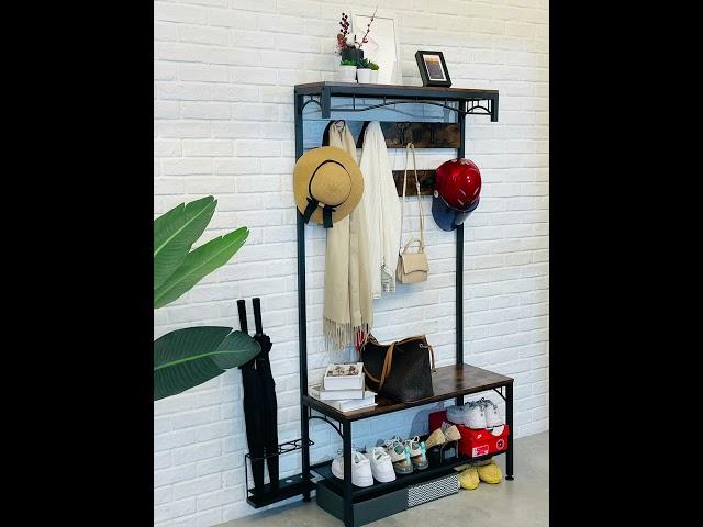 SimpleWise Hall Tree Coat Rack with Shoe Rack for Entryway