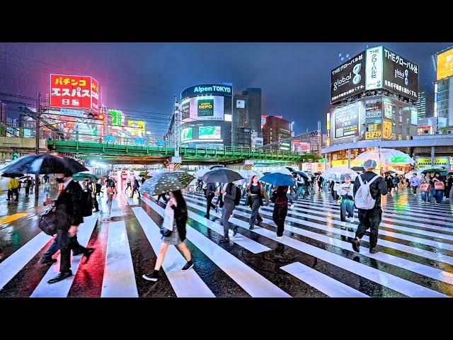 Tokyo Japan: 4 Hours of Heavy Rain, Night Walk • 4K HDR