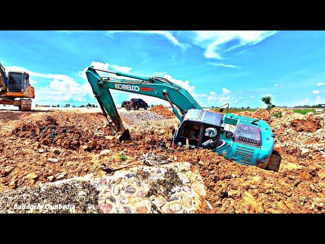 Incredible!! Excavator Kobelco Sink Deep The Mud And Getting Stuck In Pull Out By Excavator MaTaDor