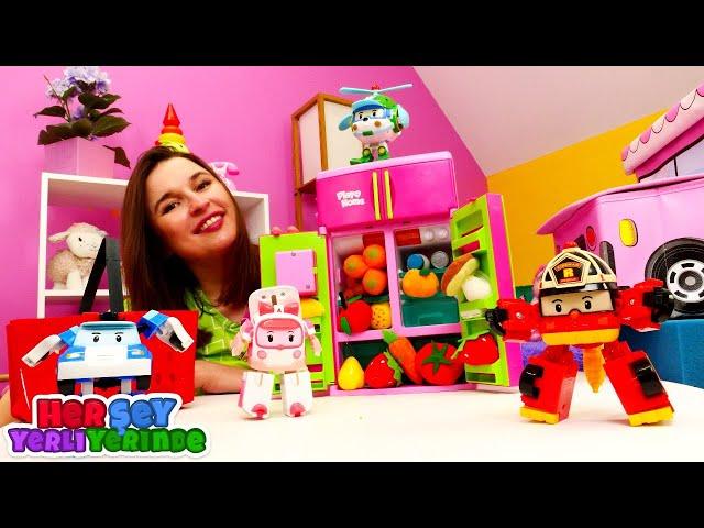 Bebek videoları. Robocar Poli oyuncakları ile yemek yapalım. Çocuklar için yemek oyunu.