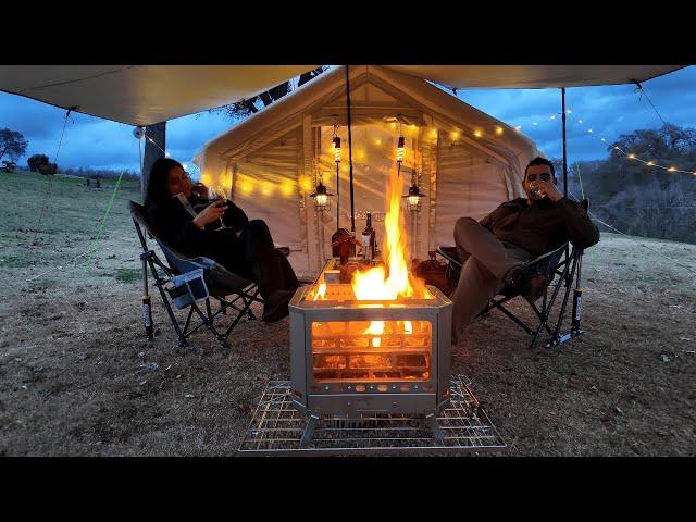 Christmas Camping by Tuolumne RiverCozy Nights with Fire Pit, Hot Chocolate Gingerbread Waffle ASMR