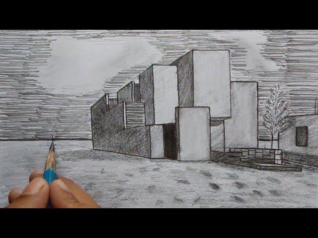 How to draw a modern house :1 point perspective. Drawing by Ahmed Ali