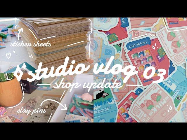 studio vlog 003  etsy shop update, packing stickers & clay pins, unboxing lots of things