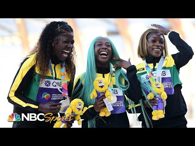 Medal Ceremony: Fraser-Pryce, Jackson, Thompson-Herah all smiles celebrating 100m podium sweep