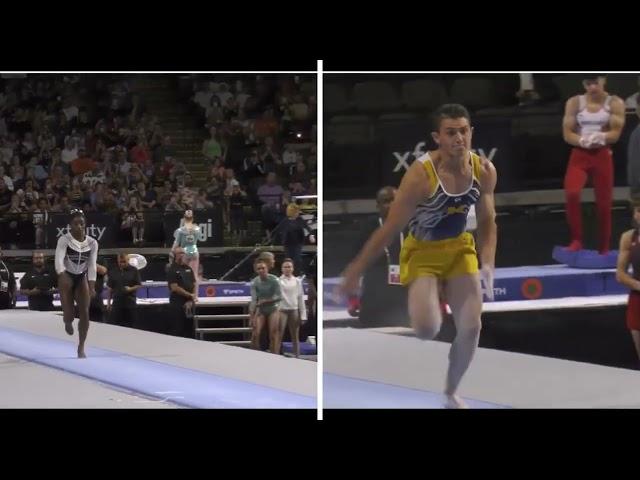 Simone Biles versus Paul Juda. Who did the Yurckenko Double Pike better?