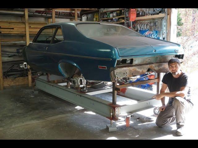 Mounting a car to a frame JIG to prepare it for the new sheet metal 1970 Nova in the shop. Episode 1