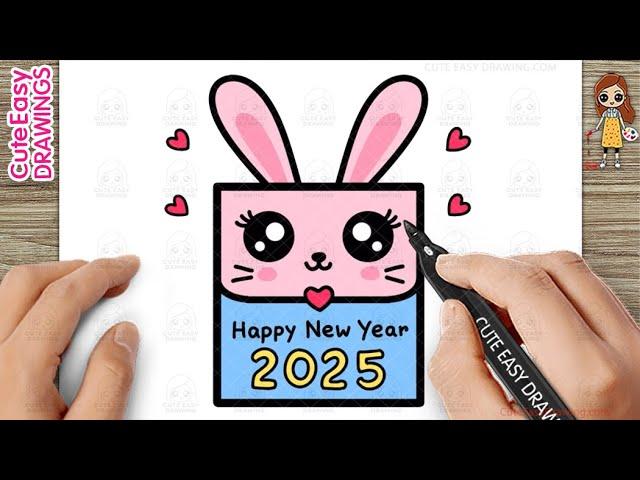 How to Draw a Cute Bunny Happy New Year 2025 Card - Easy Drawing and Coloring for Kids and Toddlers