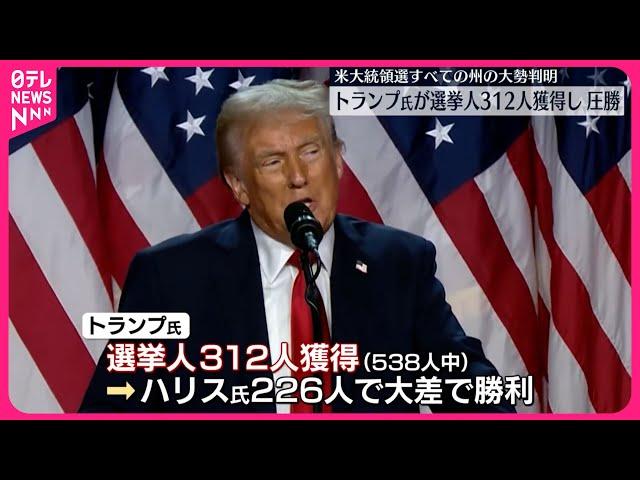 【トランプ氏】アメリカ大統領選で選挙人312人を獲得  すべての州の大勢が判明