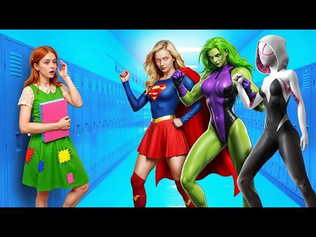 Poor Girl at Superhero School! Fake vs Real Superheroes! Hulk vs Iron Man vs Joker vs Superman!