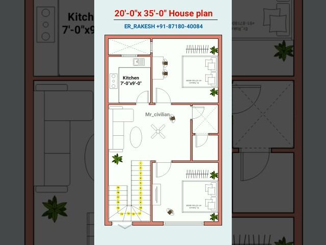 20x35 small 2bhk 700 sqft House plan design #shorts #houseplan