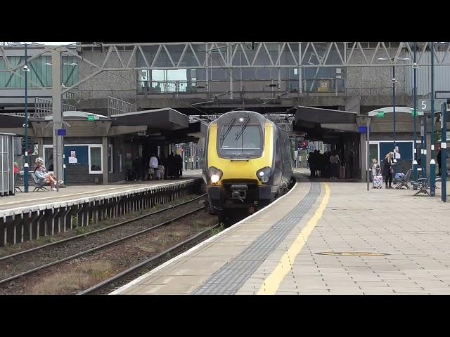 Stafford Railway Station 221108 XC Voyager (Ex AWC) departs P5 on LATE 1M42 on 25th May 2025