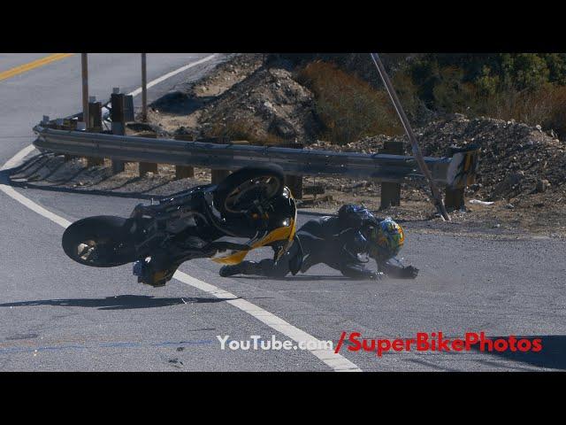 Yamaha R1 rider wearing full leathers high-sides at Azusa Canyon - "Lucky to be alive"